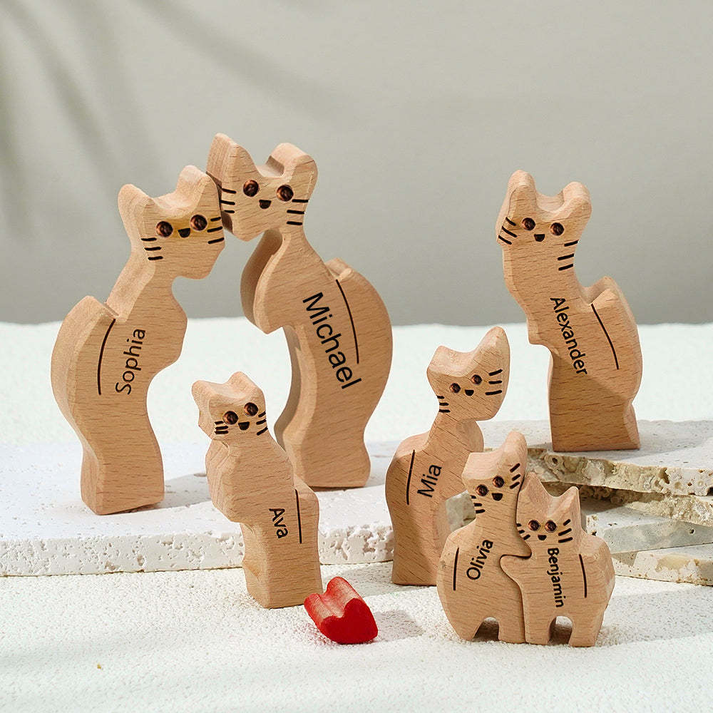Wooden Cats Family Custom Names Puzzle Home Decor Gifts - soufeelus