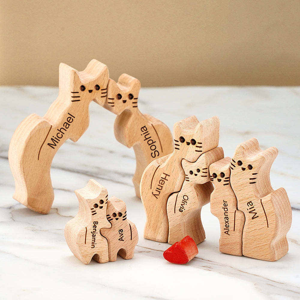 Wooden Cats Family Custom Names Puzzle Home Decor Gifts - soufeelus