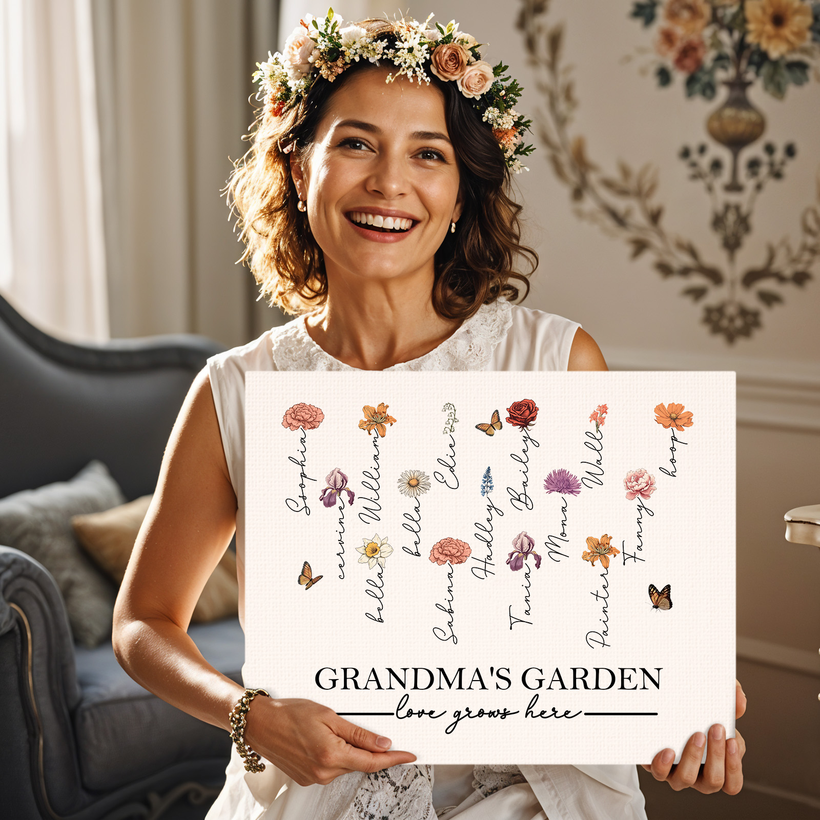 Grandma`s Garden Love Grows Here Beautiful Birth Month Flower Gift For Grandma Mom Personalized Poster detail