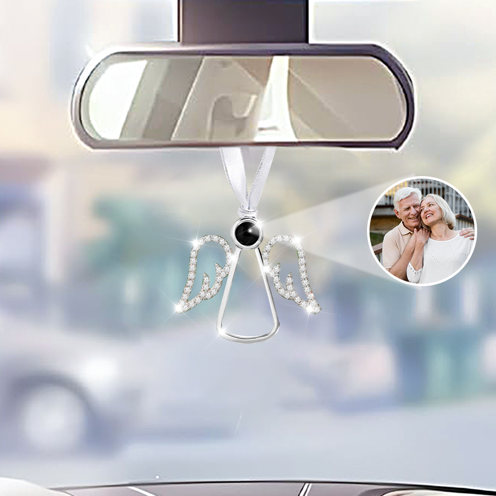 Personalized Photo Angel Car Hanging Accessories Crystal Rhinestone Vehicle Rear View Mirror Charm Pendant Ornaments Diamond Auto Interior Hanger Decoration for Her