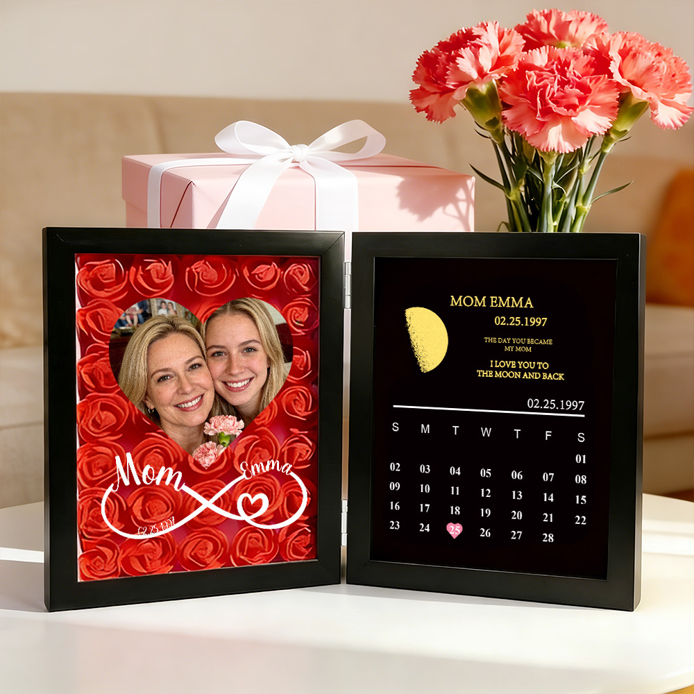 Infinity Sign With Names Custom Flowers Frame with REAL MOON PHASE Calendar Mother's Day Gifts