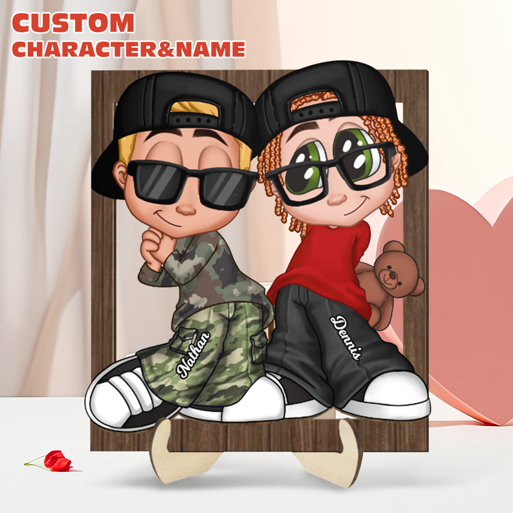 Y2K Personalized Couple Frame 2-layer Wooden Plaque Desk Decor Gift for Him Gift for Her - soufeelus