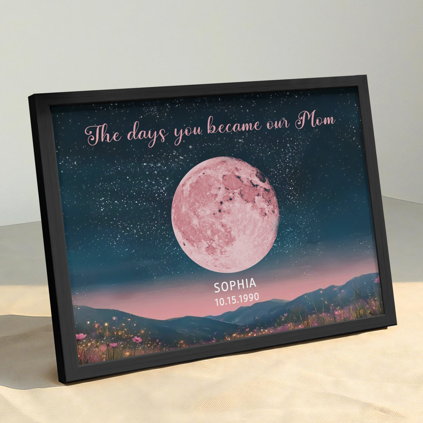Personalized Pink Moon Phase Custom Birth Moon Beautiful Hill At Night With Kids Names Ideal Gifts for Mother's Day Gifts