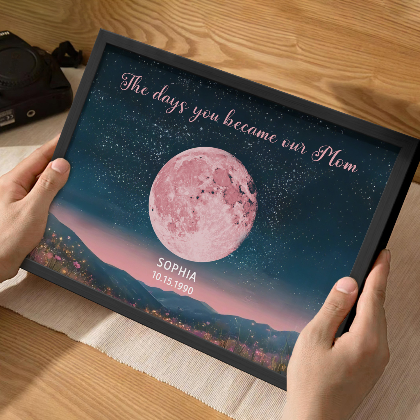 Personalized Pink Moon Phase Custom Birth Moon Beautiful Hill At Night With Kids Names Ideal Gifts for Mother's Day Gifts