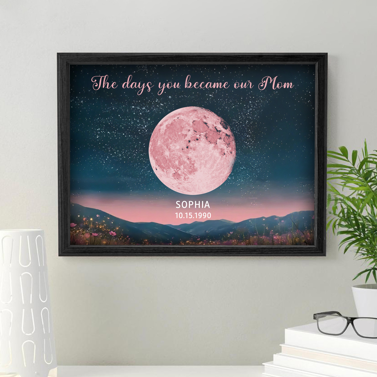 Personalized Pink Moon Phase Custom Birth Moon Beautiful Hill At Night With Kids Names Ideal Gifts for Mother's Day Gifts