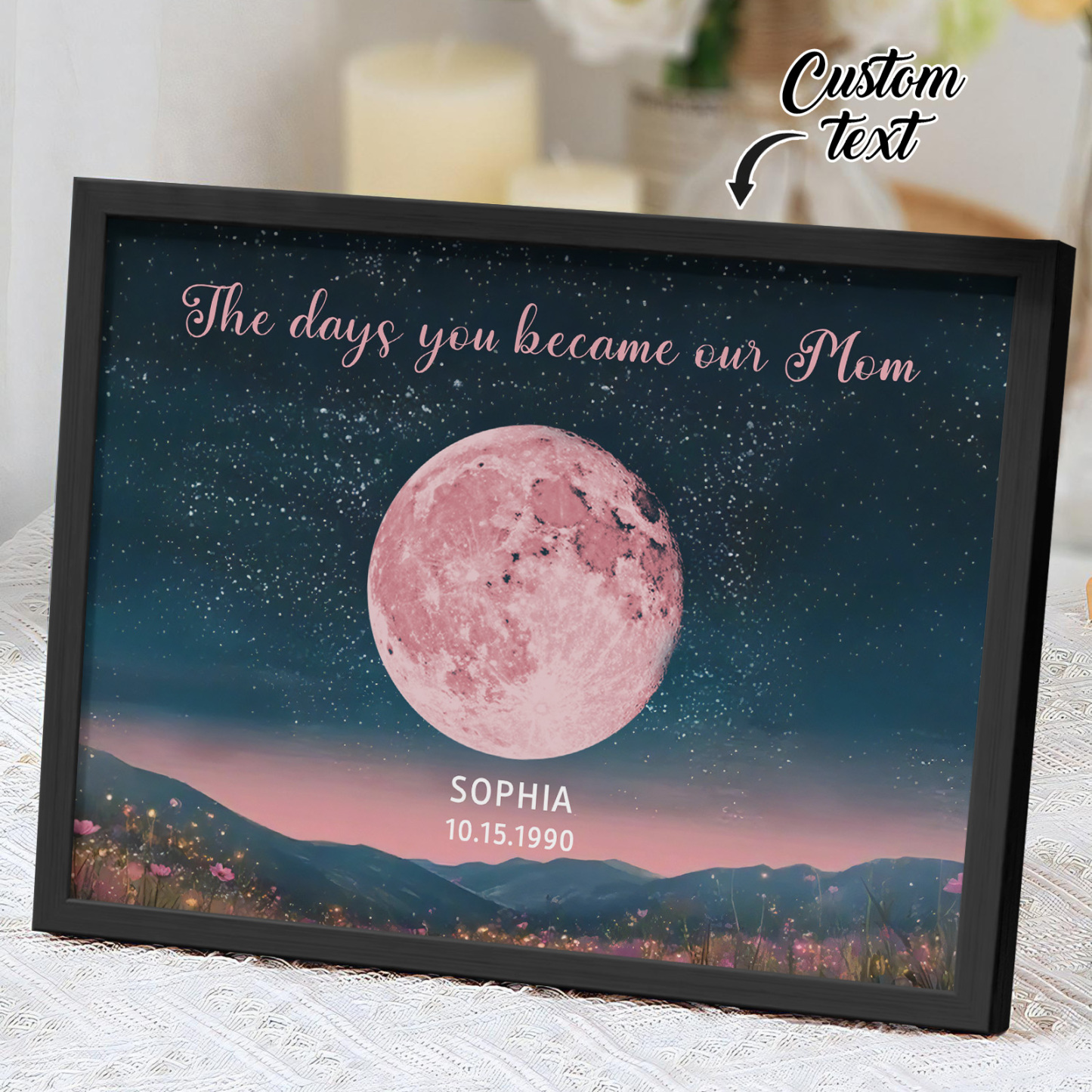 Personalized Pink Moon Phase Custom Birth Moon Beautiful Hill At Night With Kids Names Ideal Gifts for Mother's Day Gifts