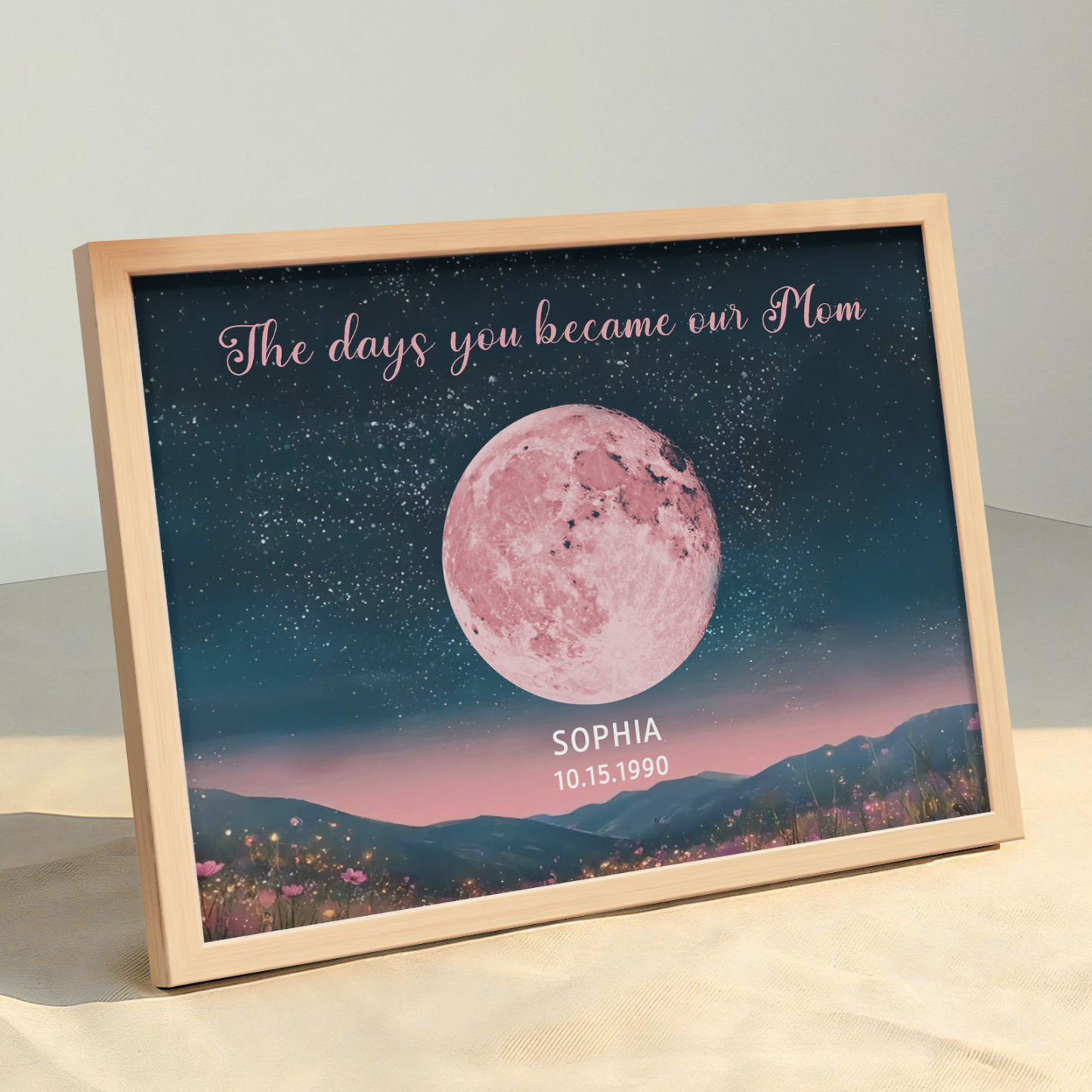 Personalized Pink Moon Phase Custom Birth Moon Beautiful Hill At Night With Kids Names Ideal Gifts for Mother's Day Gifts
