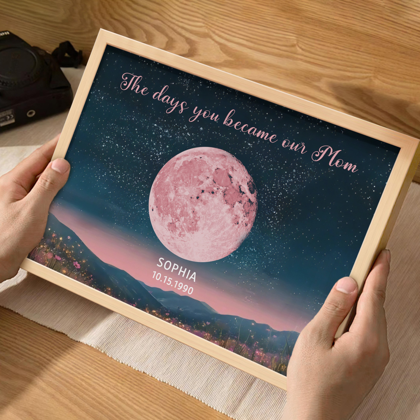 Personalized Pink Moon Phase Custom Birth Moon Beautiful Hill At Night With Kids Names Ideal Gifts for Mother's Day Gifts
