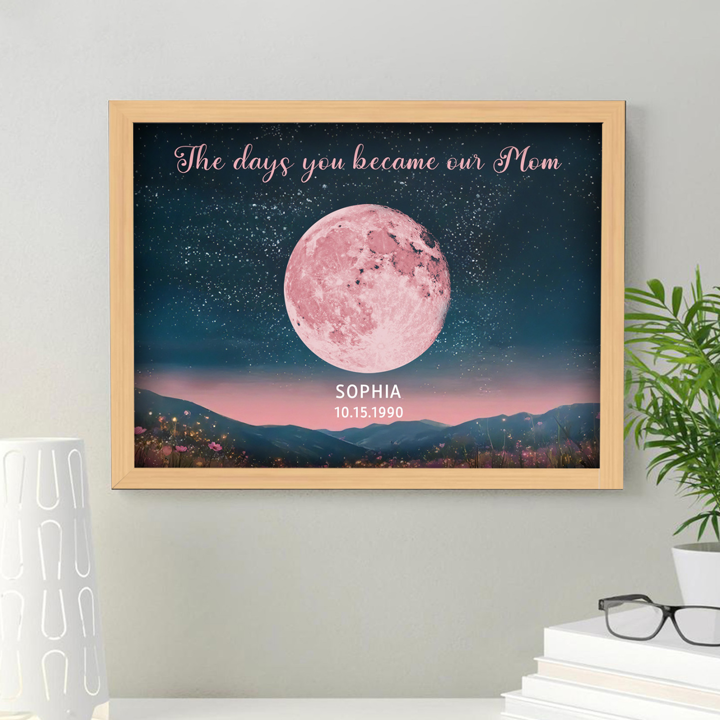 Personalized Pink Moon Phase Custom Birth Moon Beautiful Hill At Night With Kids Names Ideal Gifts for Mother's Day Gifts