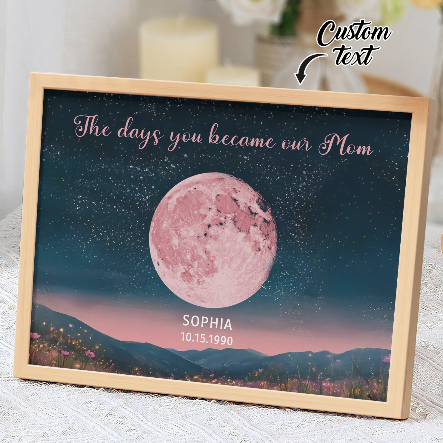 Personalized Pink Moon Phase Custom Birth Moon Beautiful Hill At Night With Kids Names Ideal Gifts for Mother's Day Gifts