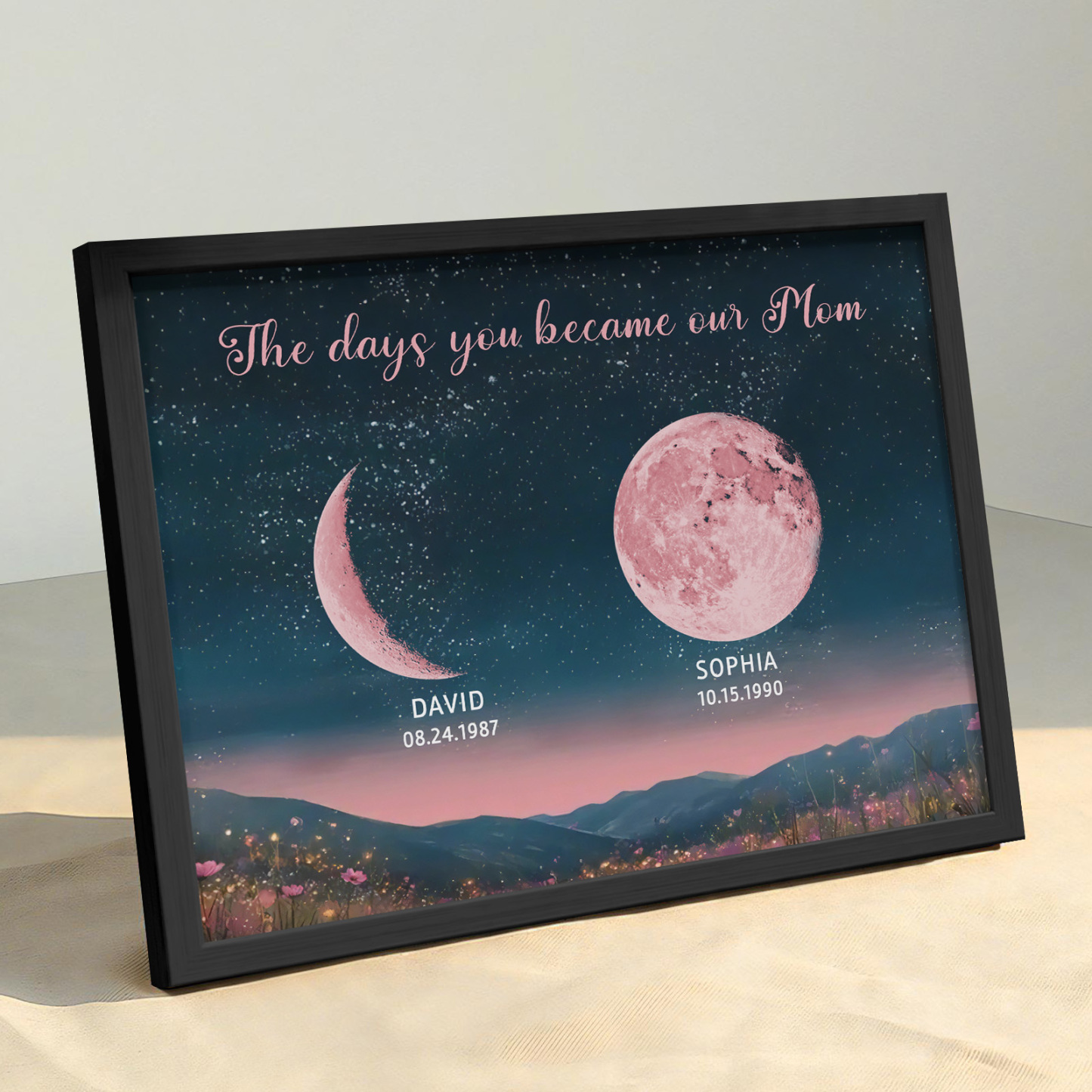 Personalized Pink Moon Phase Custom Birth Moon Beautiful Hill At Night With Kids Names Ideal Gifts for Mother's Day Gifts