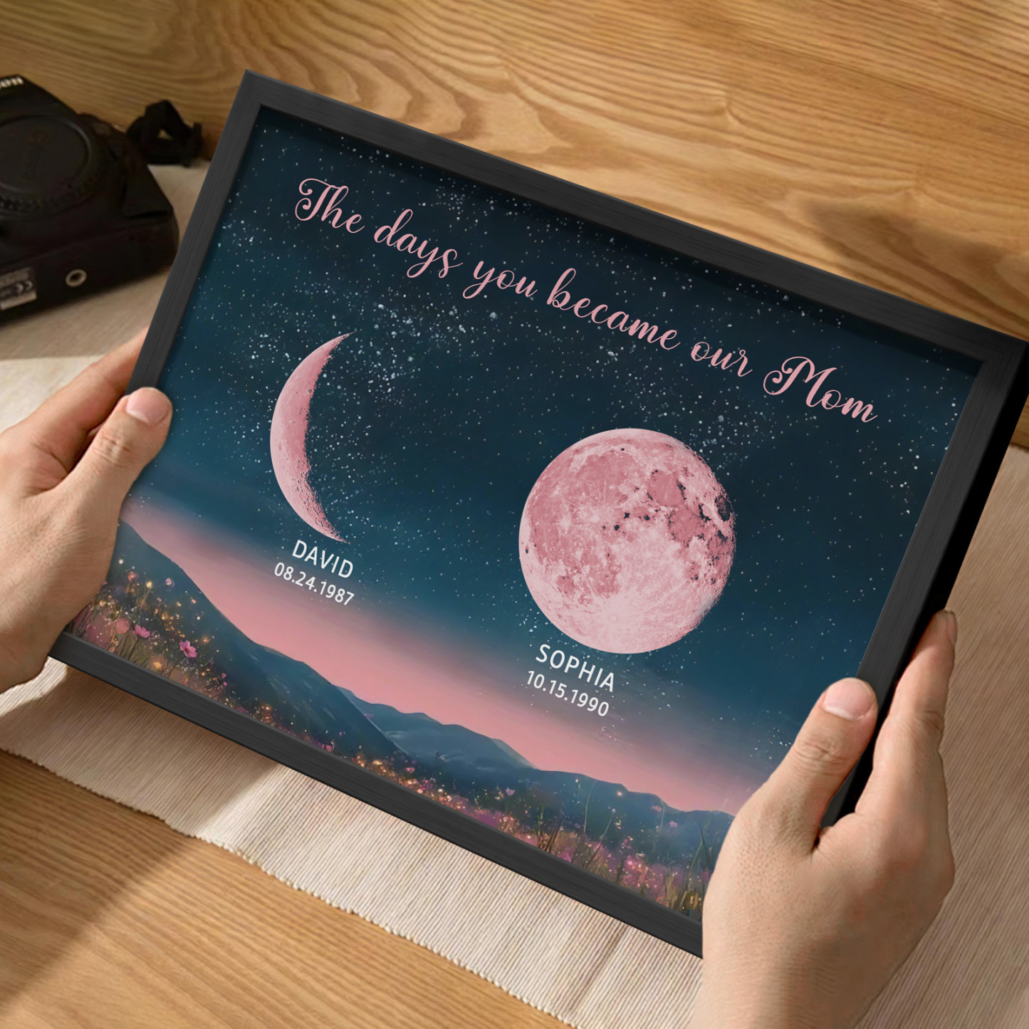 Personalized Pink Moon Phase Custom Birth Moon Beautiful Hill At Night With Kids Names Ideal Gifts for Mother's Day Gifts