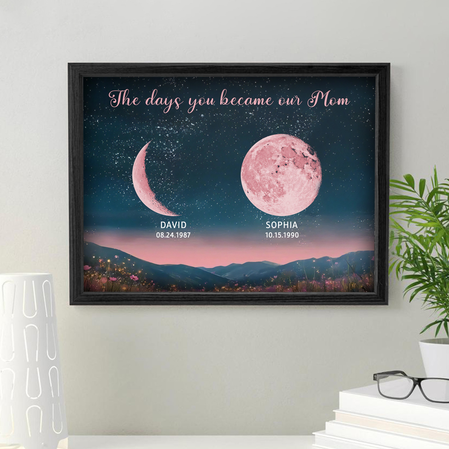 Personalized Pink Moon Phase Custom Birth Moon Beautiful Hill At Night With Kids Names Ideal Gifts for Mother's Day Gifts