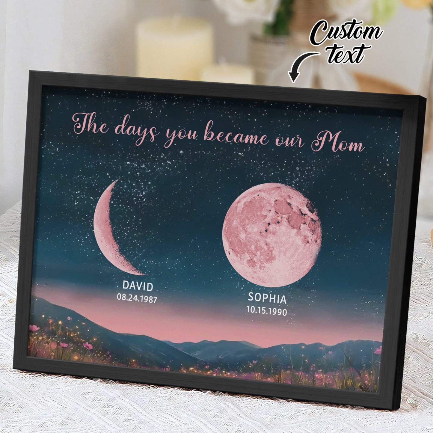 Personalized Pink Moon Phase Custom Birth Moon Beautiful Hill At Night With Kids Names Ideal Gifts for Mother's Day Gifts