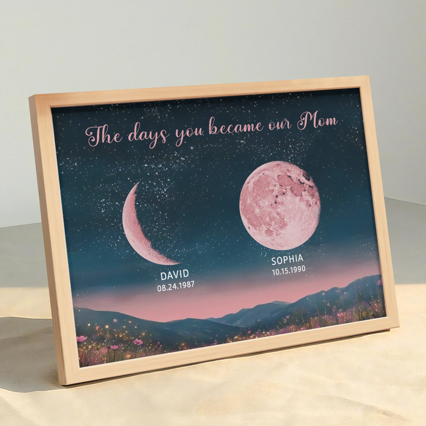 Personalized Pink Moon Phase Custom Birth Moon Beautiful Hill At Night With Kids Names Ideal Gifts for Mother's Day Gifts