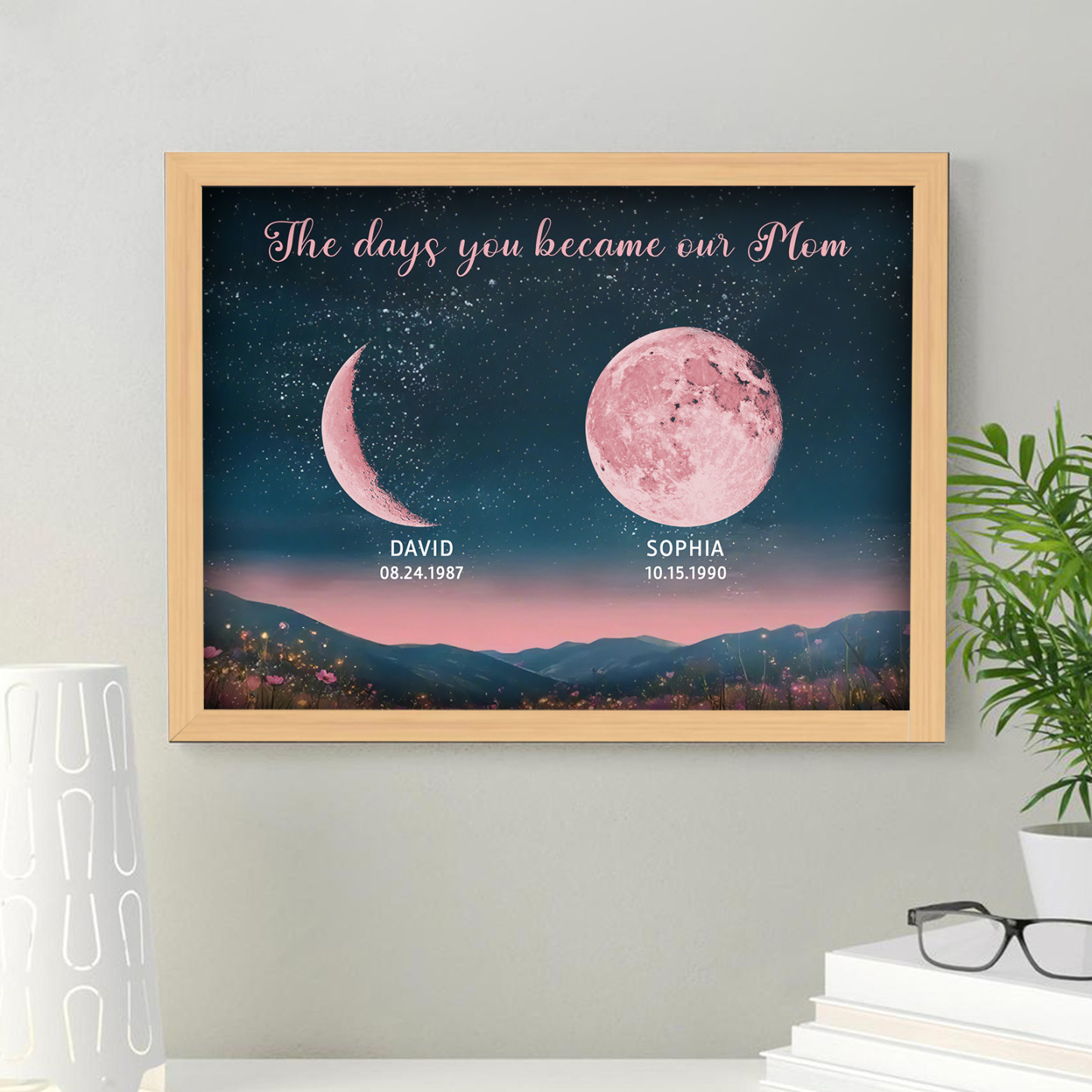 Personalized Pink Moon Phase Custom Birth Moon Beautiful Hill At Night With Kids Names Ideal Gifts for Mother's Day Gifts