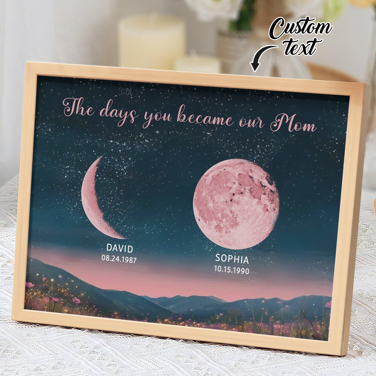 Personalized Pink Moon Phase Custom Birth Moon Beautiful Hill At Night With Kids Names Ideal Gifts for Mother's Day Gifts