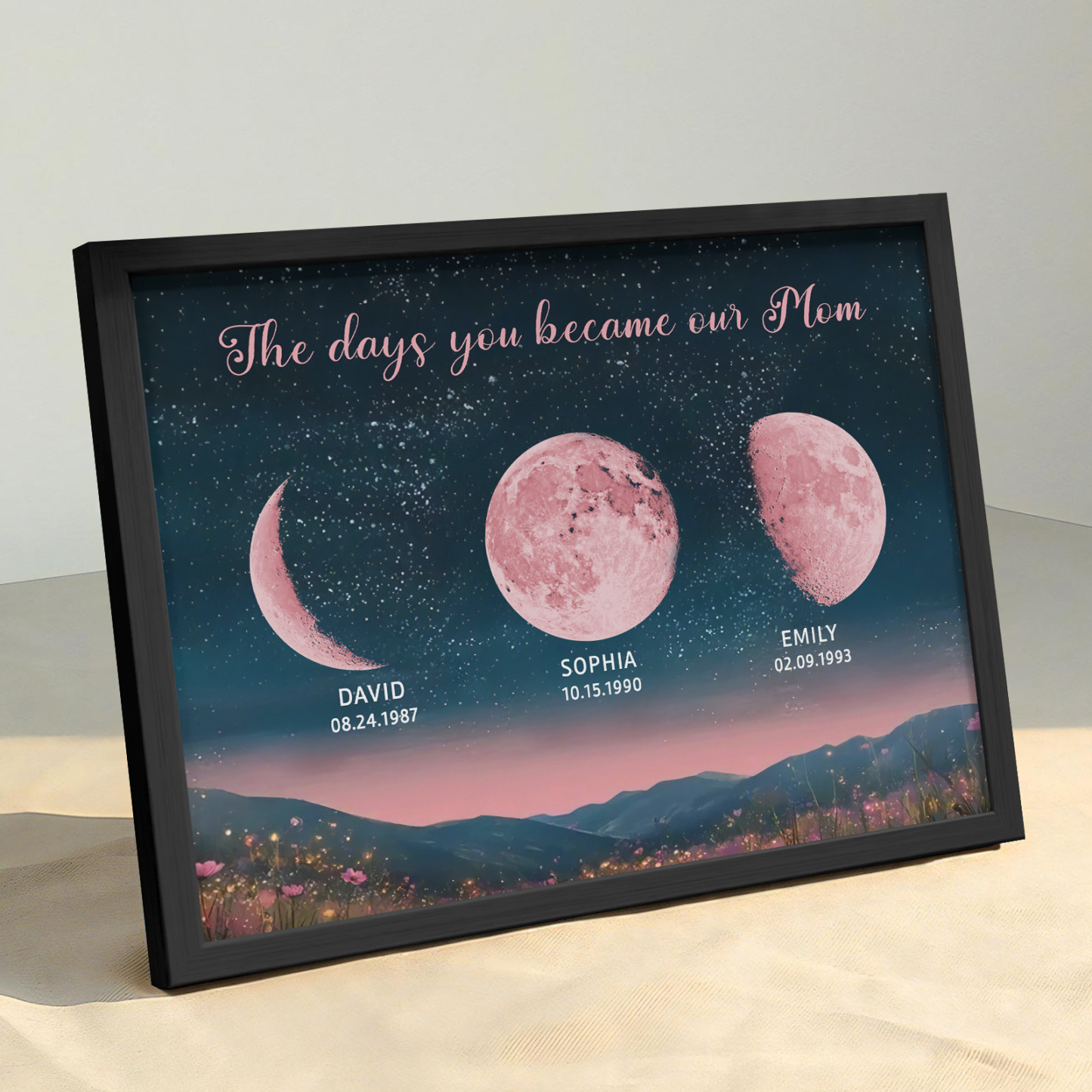 Personalized Pink Moon Phase Custom Birth Moon Beautiful Hill At Night With Kids Names Ideal Gifts for Mother's Day Gifts