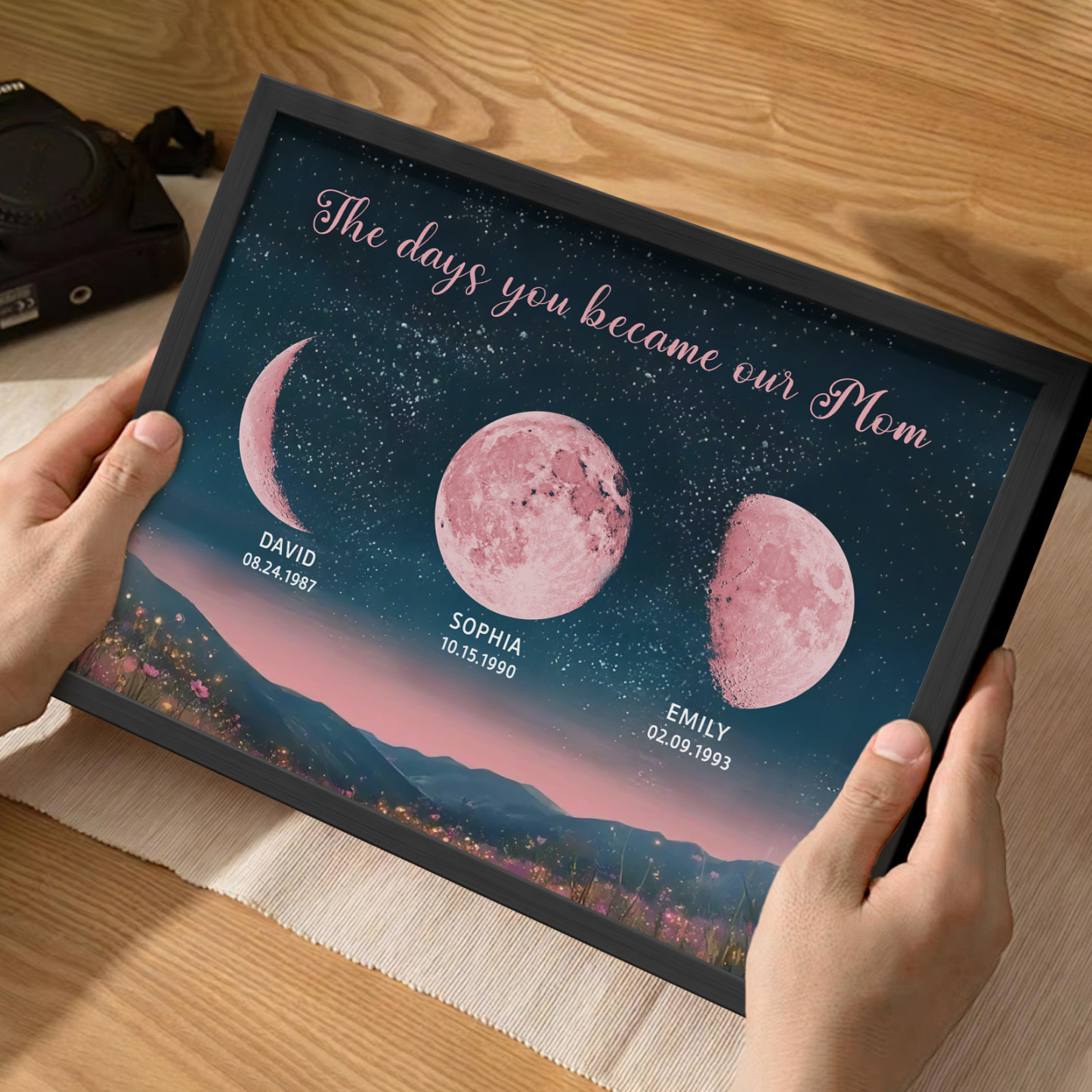 Personalized Pink Moon Phase Custom Birth Moon Beautiful Hill At Night With Kids Names Ideal Gifts for Mother's Day Gifts