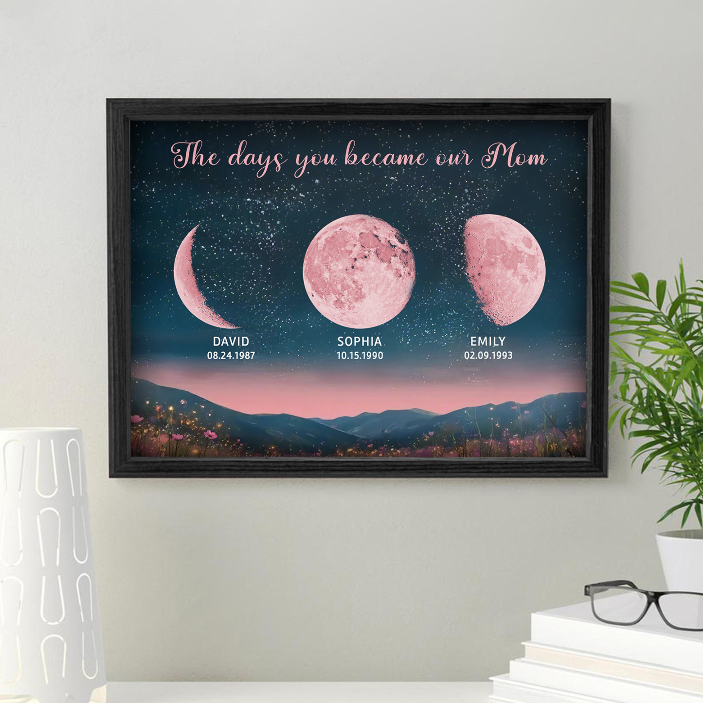 Personalized Pink Moon Phase Custom Birth Moon Beautiful Hill At Night With Kids Names Ideal Gifts for Mother's Day Gifts