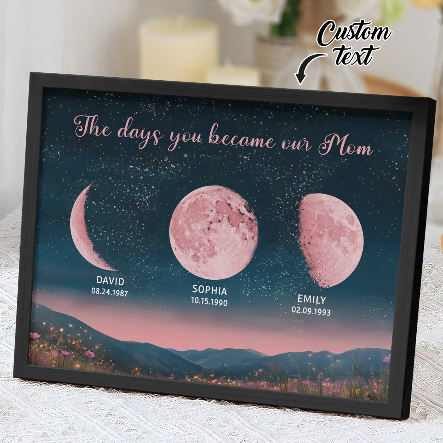 Personalized Pink Moon Phase Custom Birth Moon Beautiful Hill At Night With Kids Names Ideal Gifts for Mother's Day Gifts