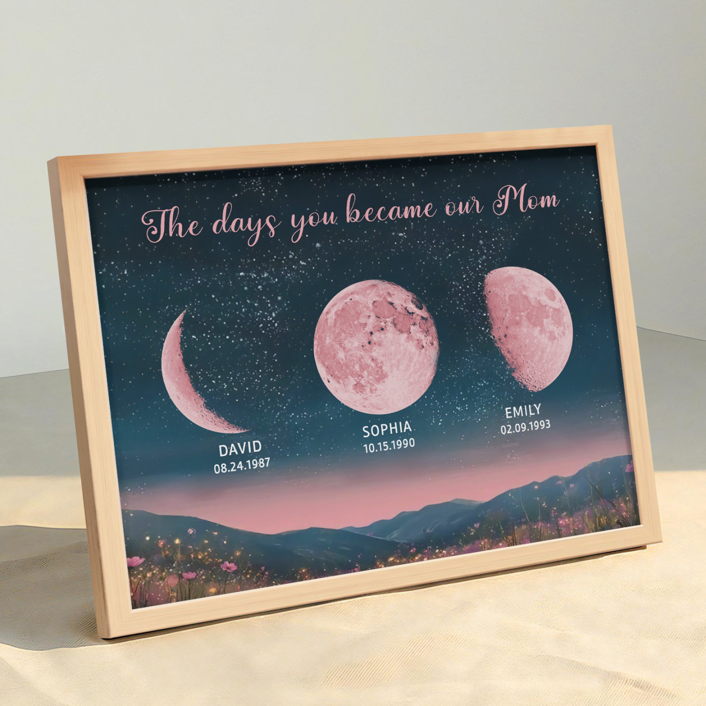 Personalized Pink Moon Phase Custom Birth Moon Beautiful Hill At Night With Kids Names Ideal Gifts for Mother's Day Gifts