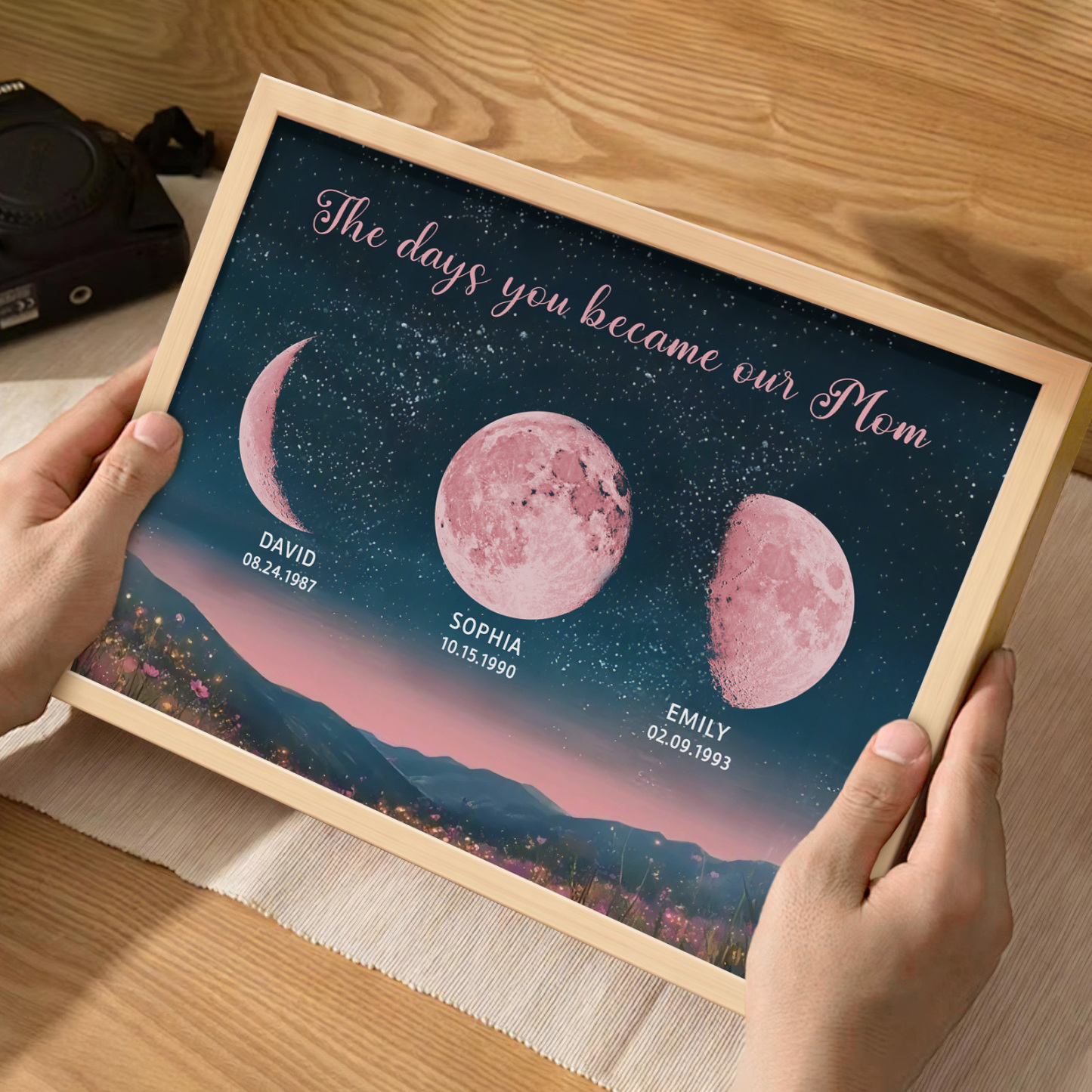 Personalized Pink Moon Phase Custom Birth Moon Beautiful Hill At Night With Kids Names Ideal Gifts for Mother's Day Gifts