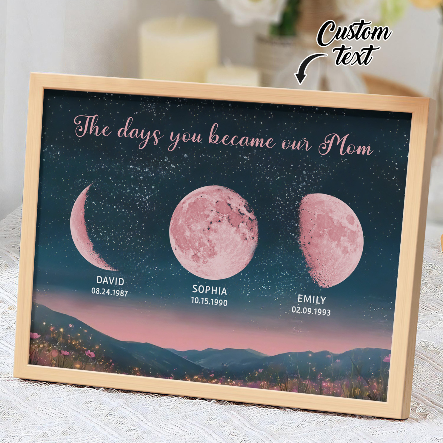 Personalized Pink Moon Phase Custom Birth Moon Beautiful Hill At Night With Kids Names Ideal Gifts for Mother's Day Gifts