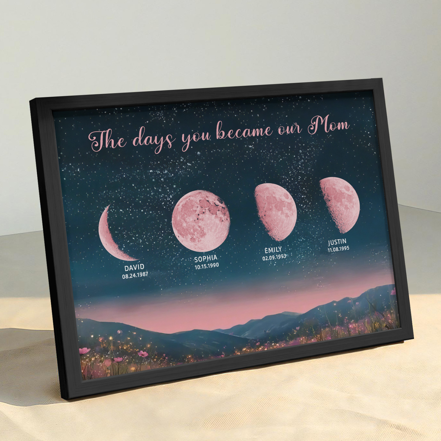 Personalized Pink Moon Phase Custom Birth Moon Beautiful Hill At Night With Kids Names Ideal Gifts for Mother's Day Gifts