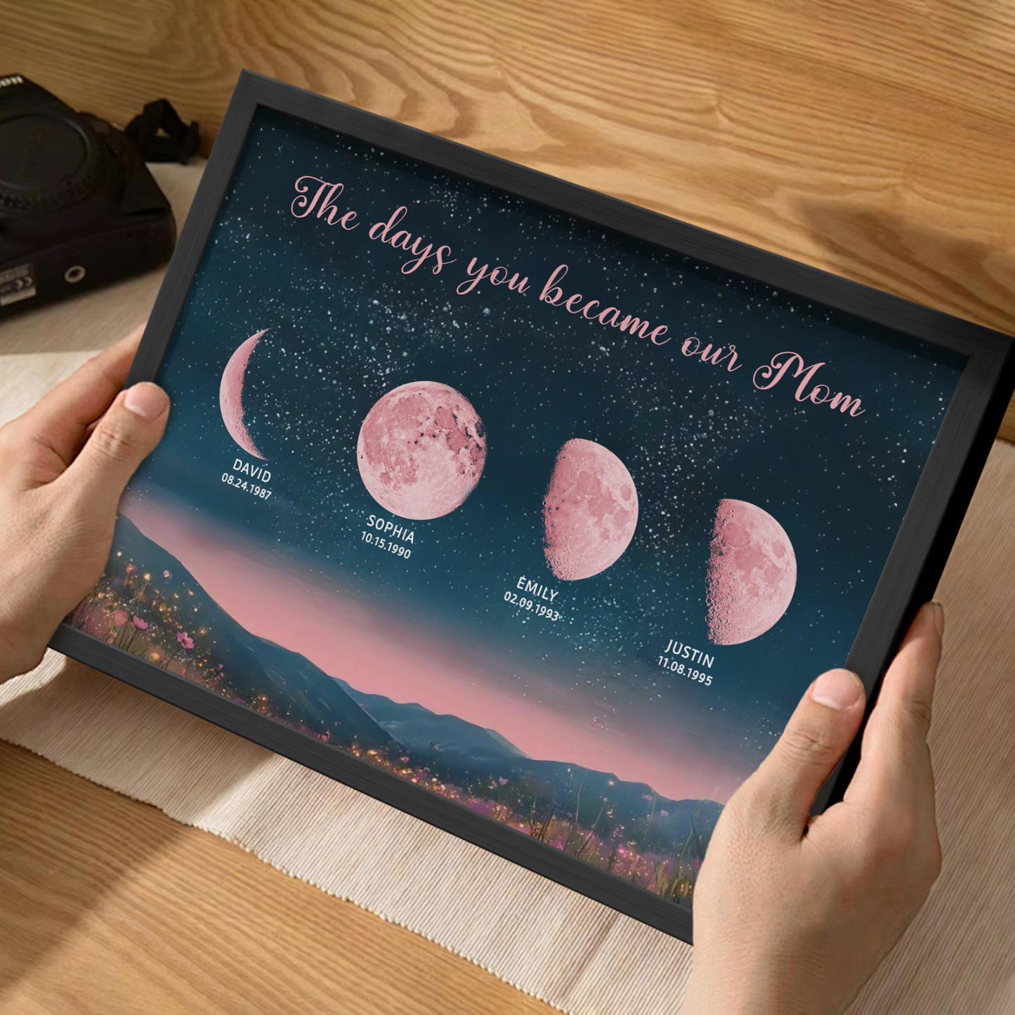 Personalized Pink Moon Phase Custom Birth Moon Beautiful Hill At Night With Kids Names Ideal Gifts for Mother's Day Gifts