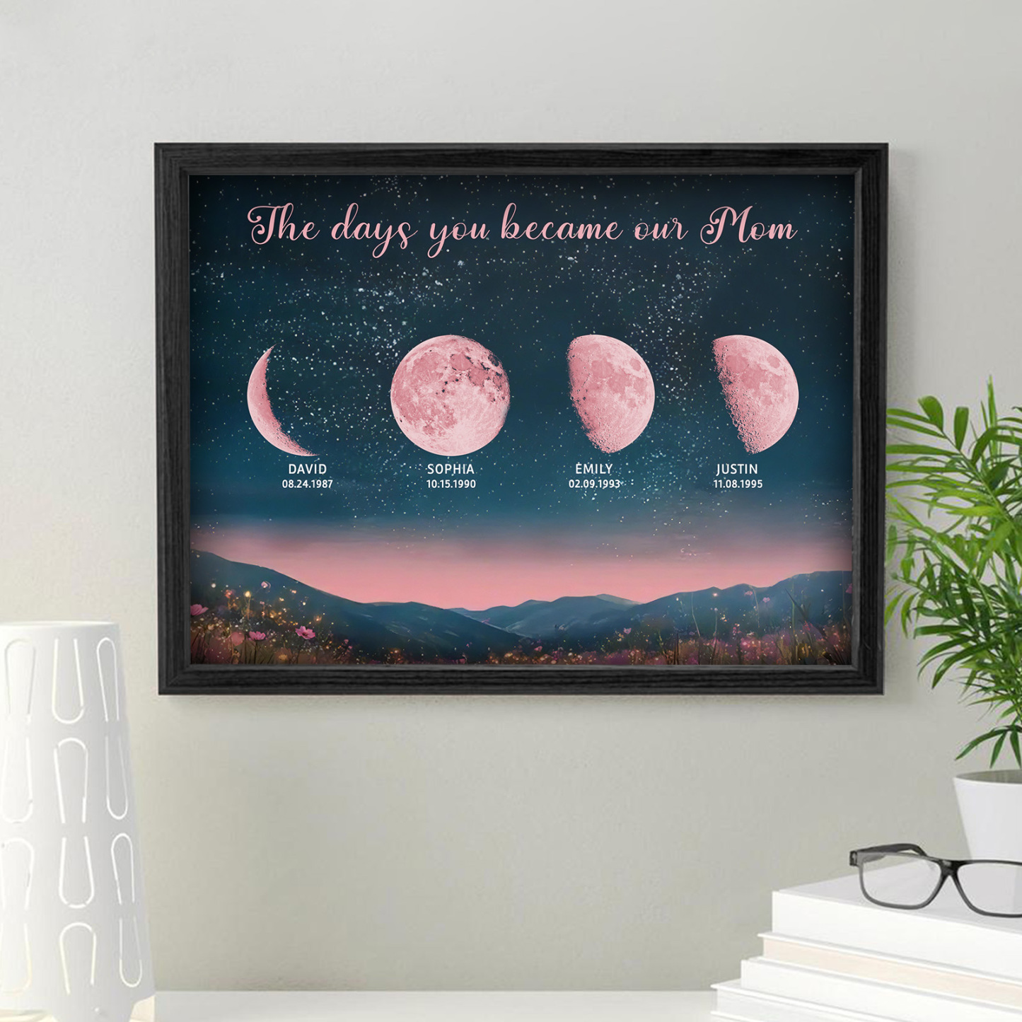 Personalized Pink Moon Phase Custom Birth Moon Beautiful Hill At Night With Kids Names Ideal Gifts for Mother's Day Gifts