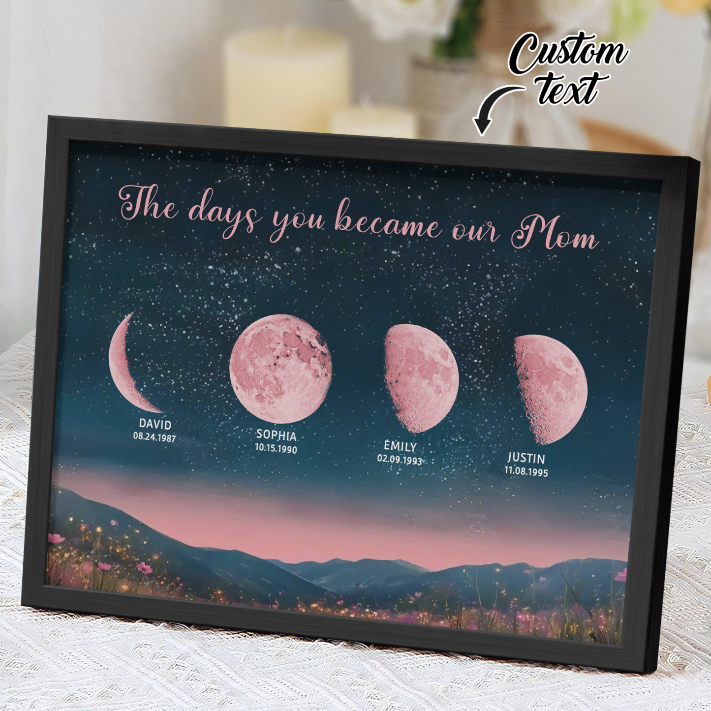 Personalized Pink Moon Phase Custom Birth Moon Beautiful Hill At Night With Kids Names Ideal Gifts for Mother's Day Gifts