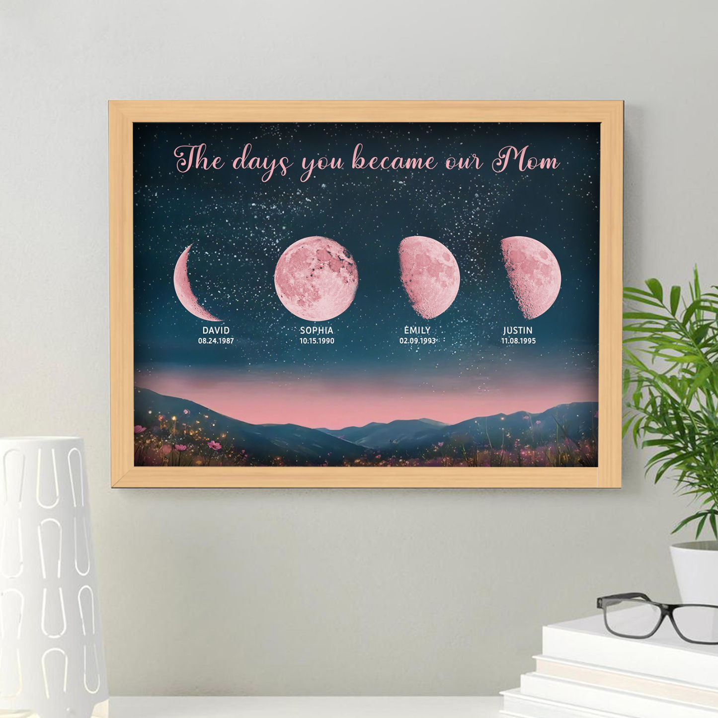 Personalized Pink Moon Phase Custom Birth Moon Beautiful Hill At Night With Kids Names Ideal Gifts for Mother's Day Gifts