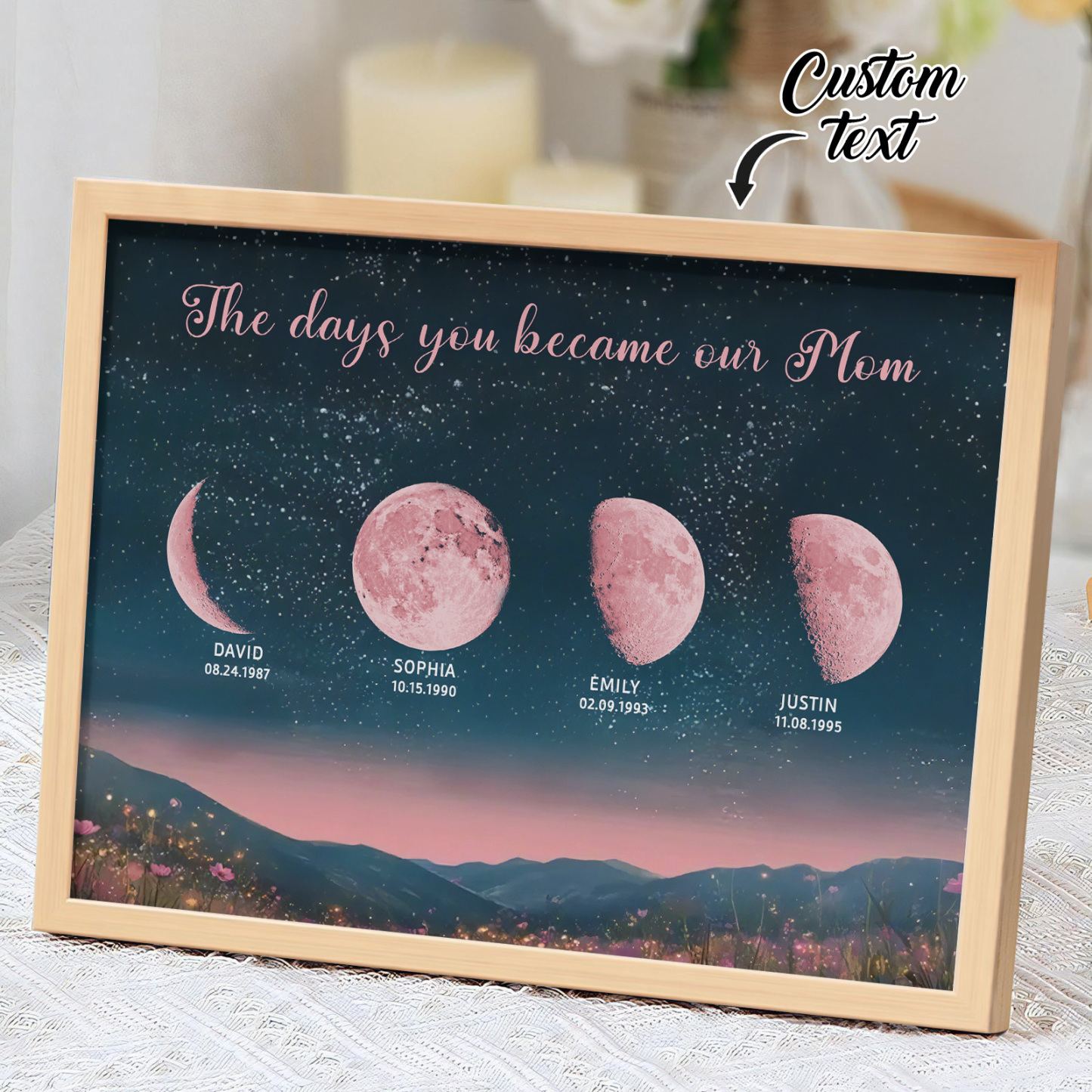 Personalized Pink Moon Phase Custom Birth Moon Beautiful Hill At Night With Kids Names Ideal Gifts for Mother's Day Gifts