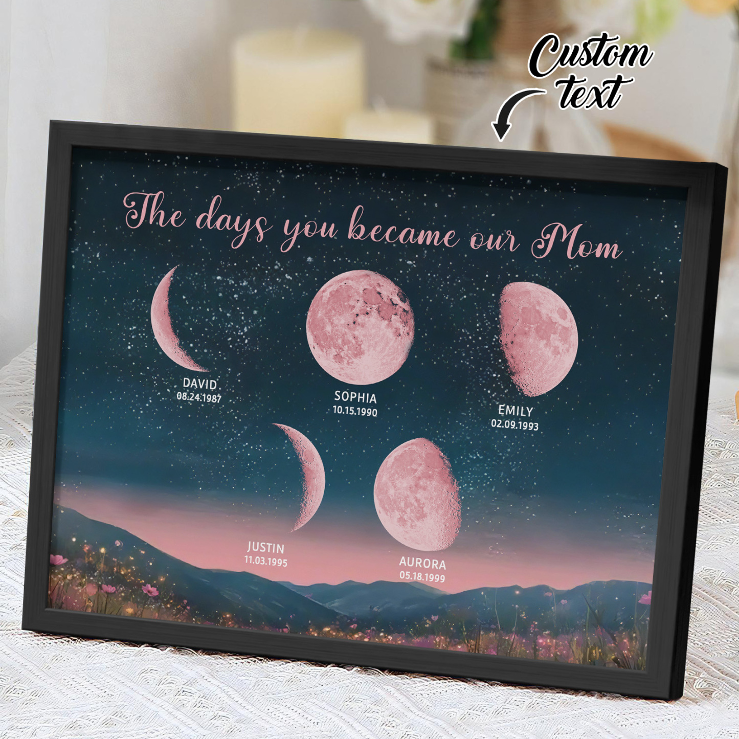 Personalized Pink Moon Phase Custom Birth Moon Beautiful Hill At Night With Kids Names Ideal Gifts for Mother's Day Gifts