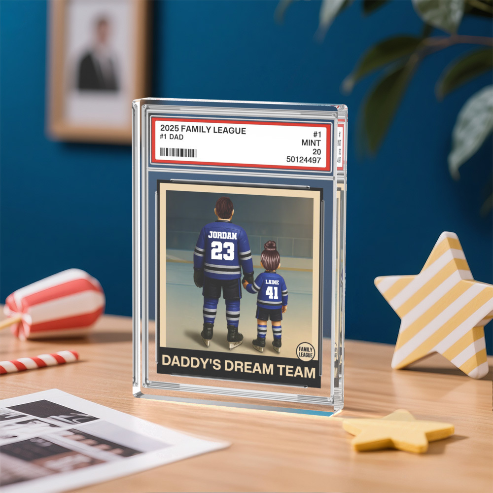 Personalized Acrylic Block Plaque Hockey No. 1 Dad Man & Kids Trading Card Style Father's Day Gifts - soufeelus
