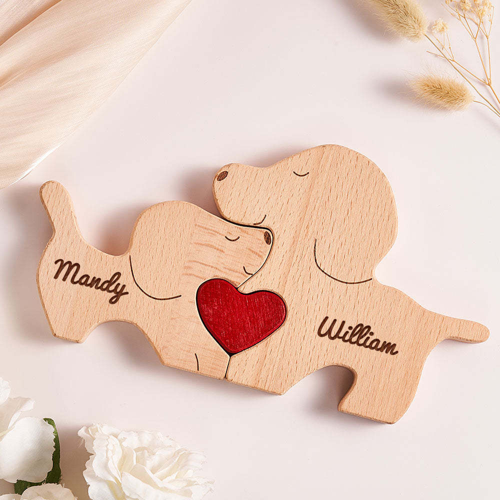 Custom Name Wooden Dog Couple Heart Blocks Valentine's Day Gifts - soufeelus