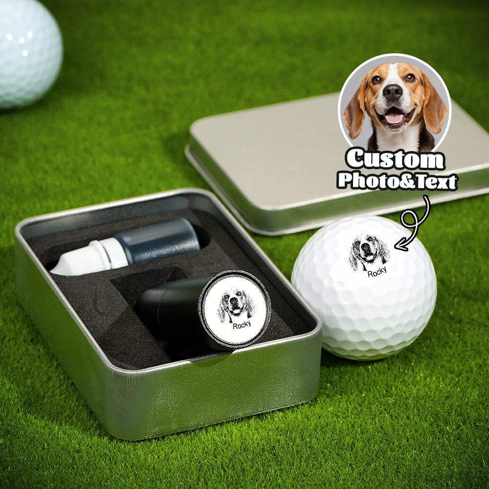 Personalized Dog Cat Pet Portrait Photo Golf Ball Self-inking Stamp with Metal Storage Box and Name Birthday Gift for Golf Players Pet Lovers