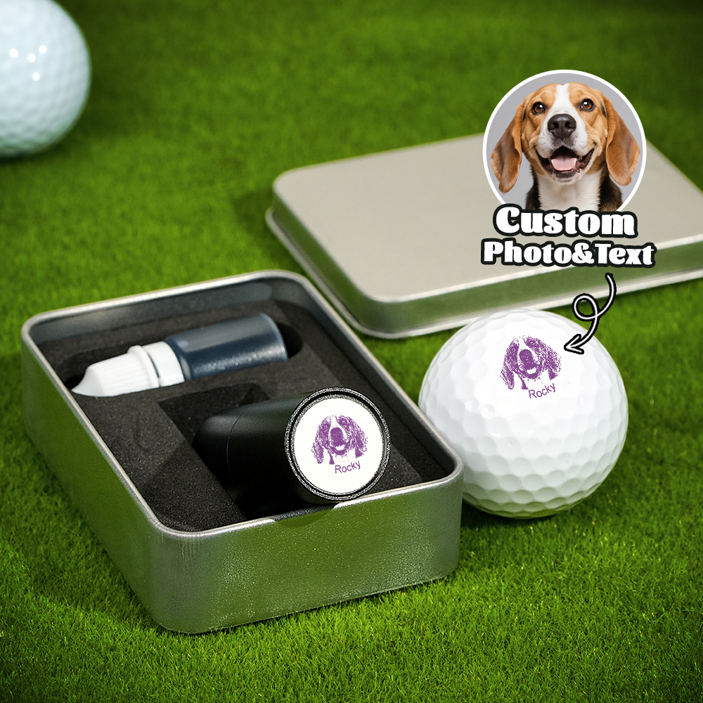 Personalized Dog Cat Pet Portrait Photo Golf Ball Self-inking Stamp with Metal Storage Box and Name Birthday Gift for Golf Players Pet Lovers
