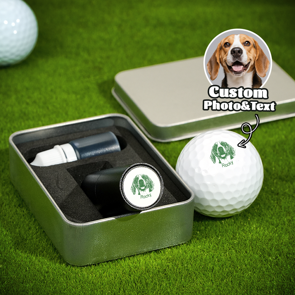 Personalized Dog Cat Pet Portrait Photo Golf Ball Self-inking Stamp with Metal Storage Box and Name Birthday Gift for Golf Players Pet Lovers