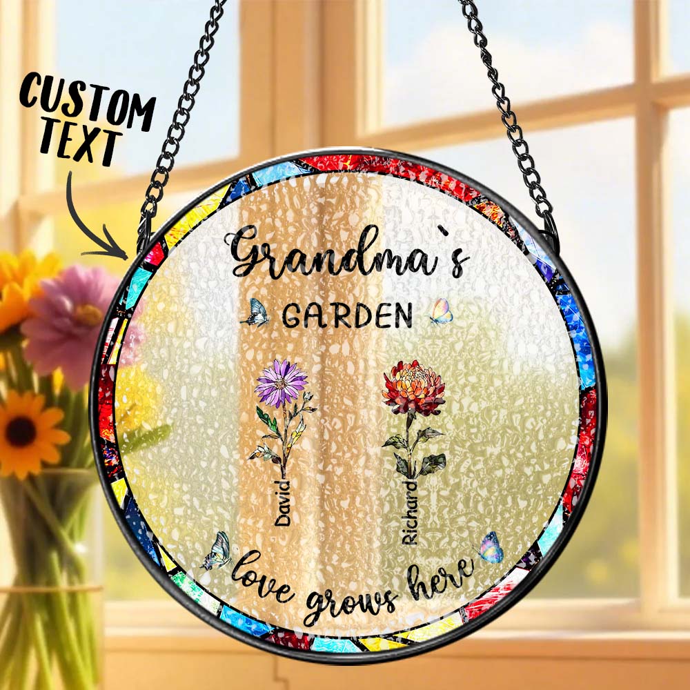 Custom Birthday Flowers Glass Sun Catcher Personalized Child's Name Window Hanging Suncatcher Grandmother's Garden Ornament Gift For Grandmother detail