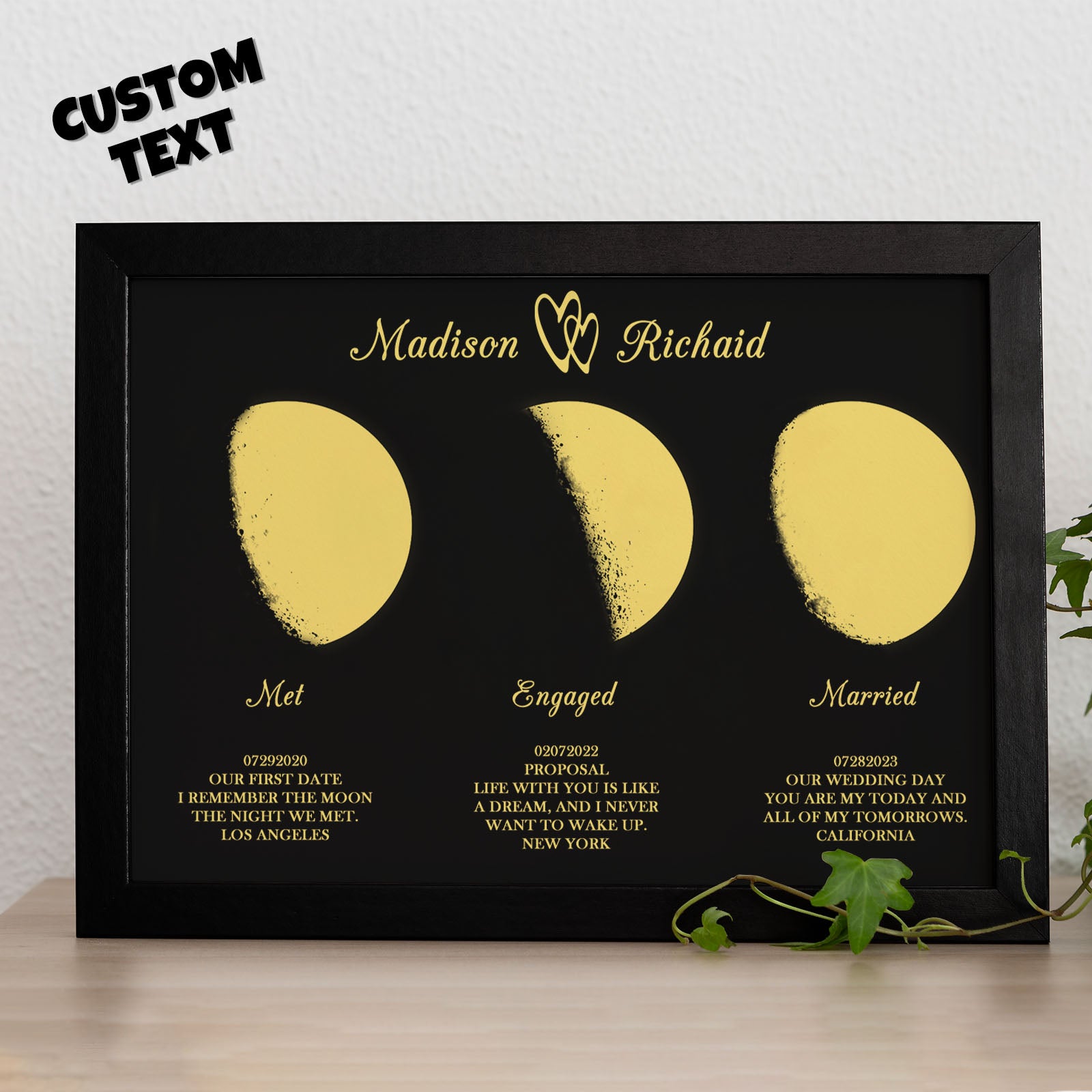 Custom Moon Phase Wooden Frame Three Moon Phase with Personalized Name and Text - soufeelus