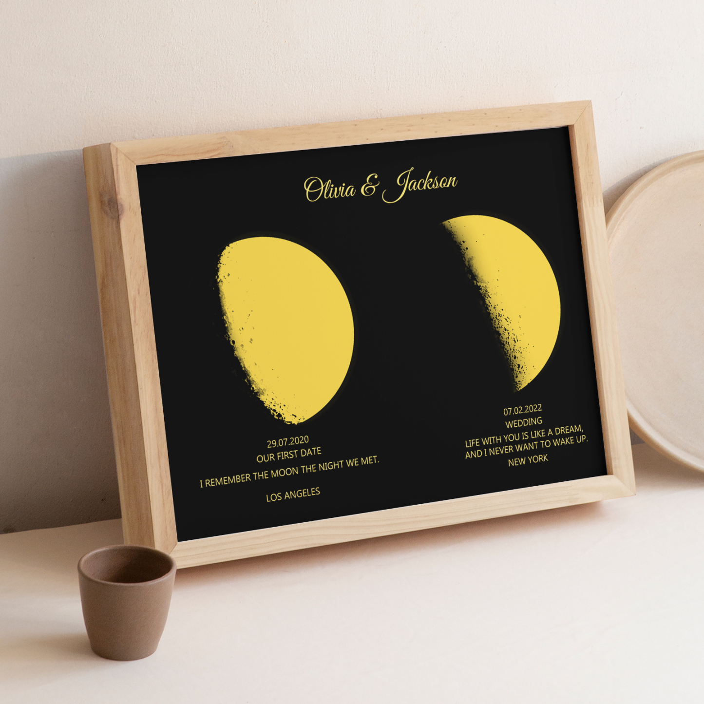 Custom Moon Phase and Names Wooden Frame with Personalized Text Gold Moon