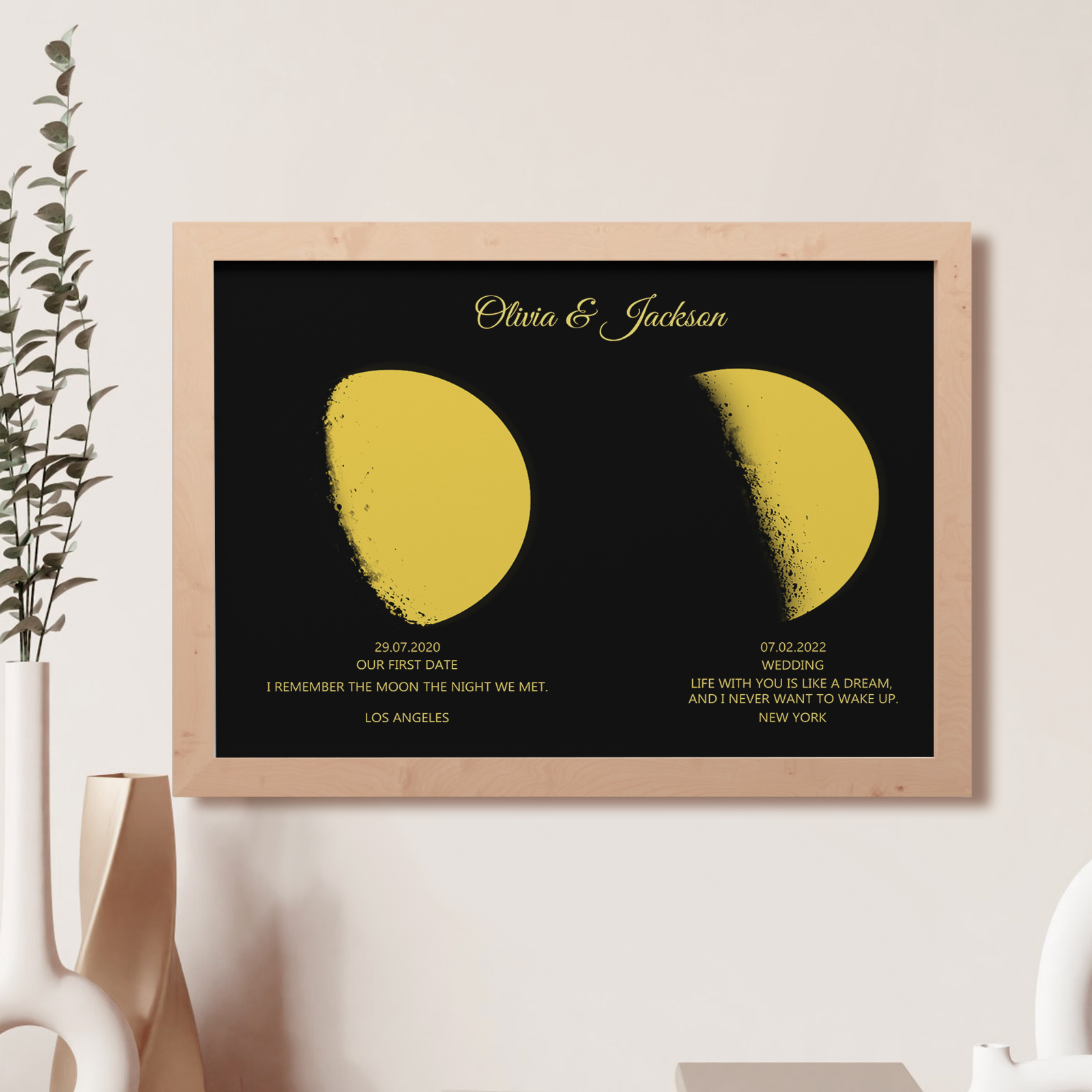 Custom Moon Phase and Names Wooden Frame with Personalized Text Gold Moon