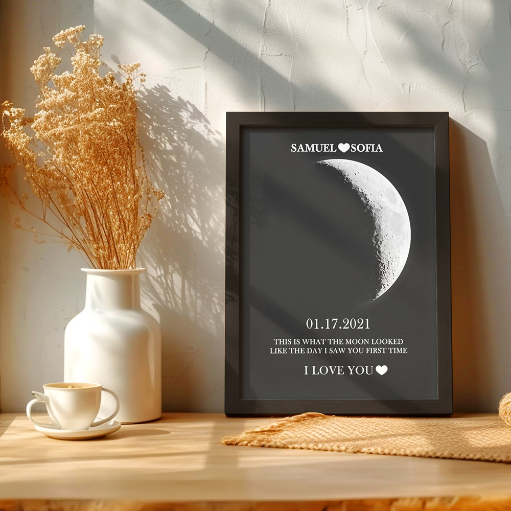 Custom Silver Moon Phase and Names Wooden Frame with Your Text Custom Couple Art Frame Best Valentine's Day Gift