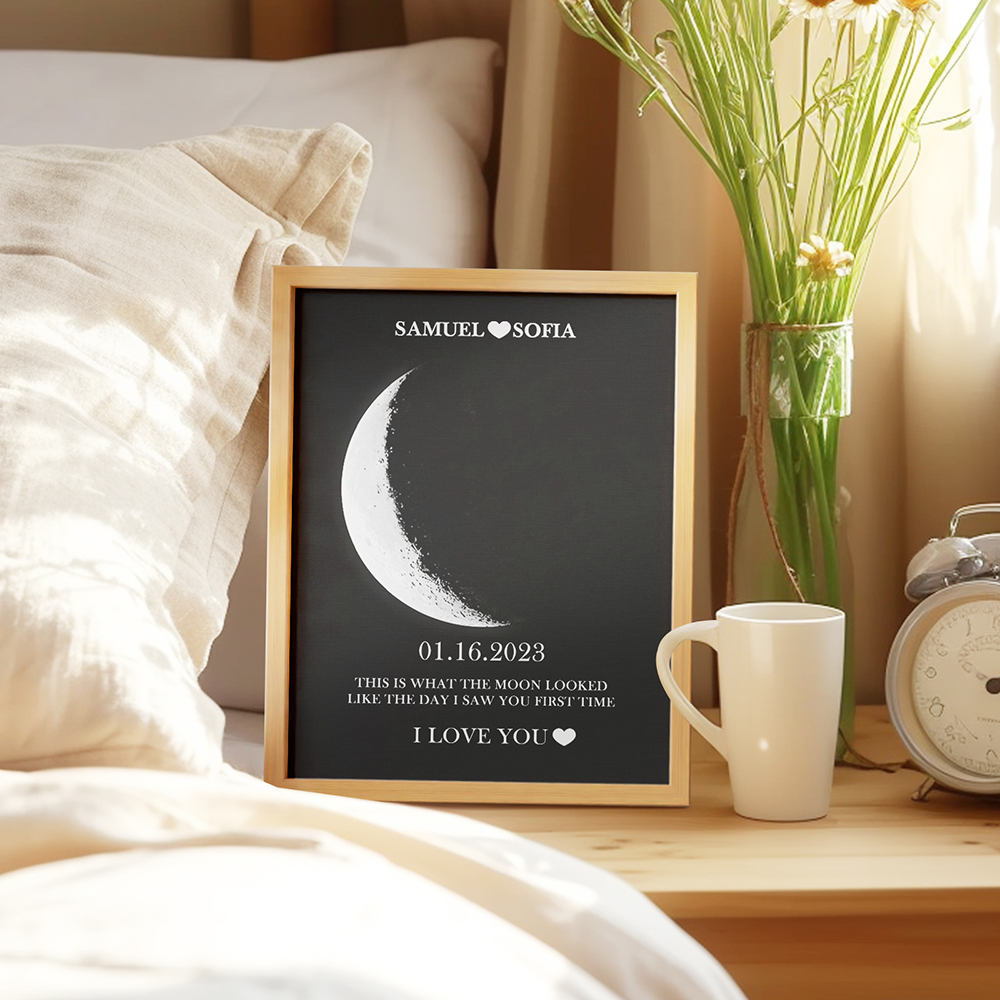Custom Silver Moon Phase and Names Wooden Frame with Your Text Custom Couple Art Frame Best Valentine's Day Gift - soufeelus