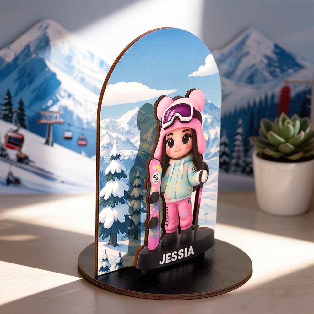 Custom Wooden Skiiing Photo Desk Decor Personalized Animated Snowboarder Decoration Winter Cartoon Souvenir for Skiers