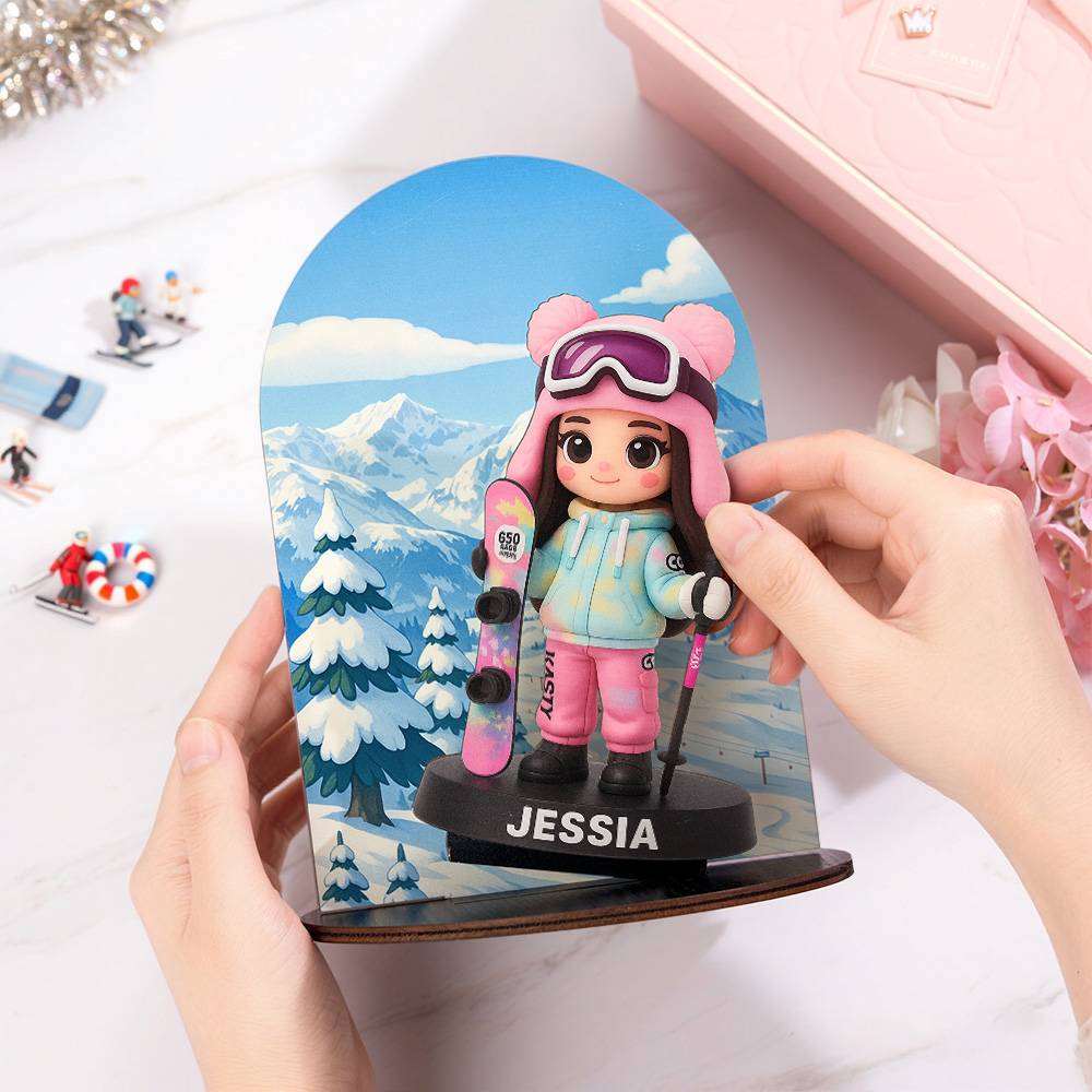 Custom Wooden Skiiing Photo Desk Decor Personalized Animated Snowboarder Decoration Winter Cartoon Souvenir for Skiers detail