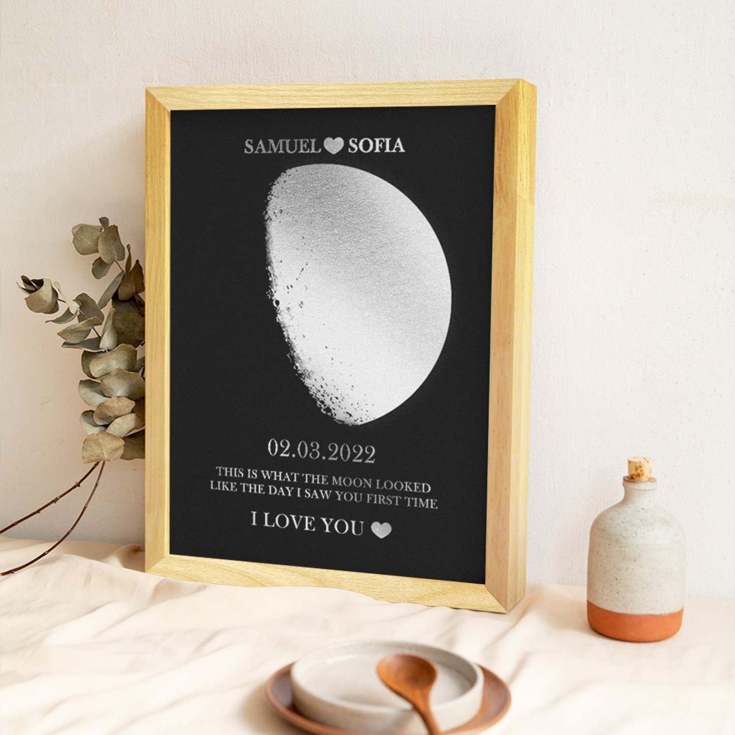 Custom Moon Phase Foil Print Wooden Frame Personalized Name and Text Family Gift - soufeelus