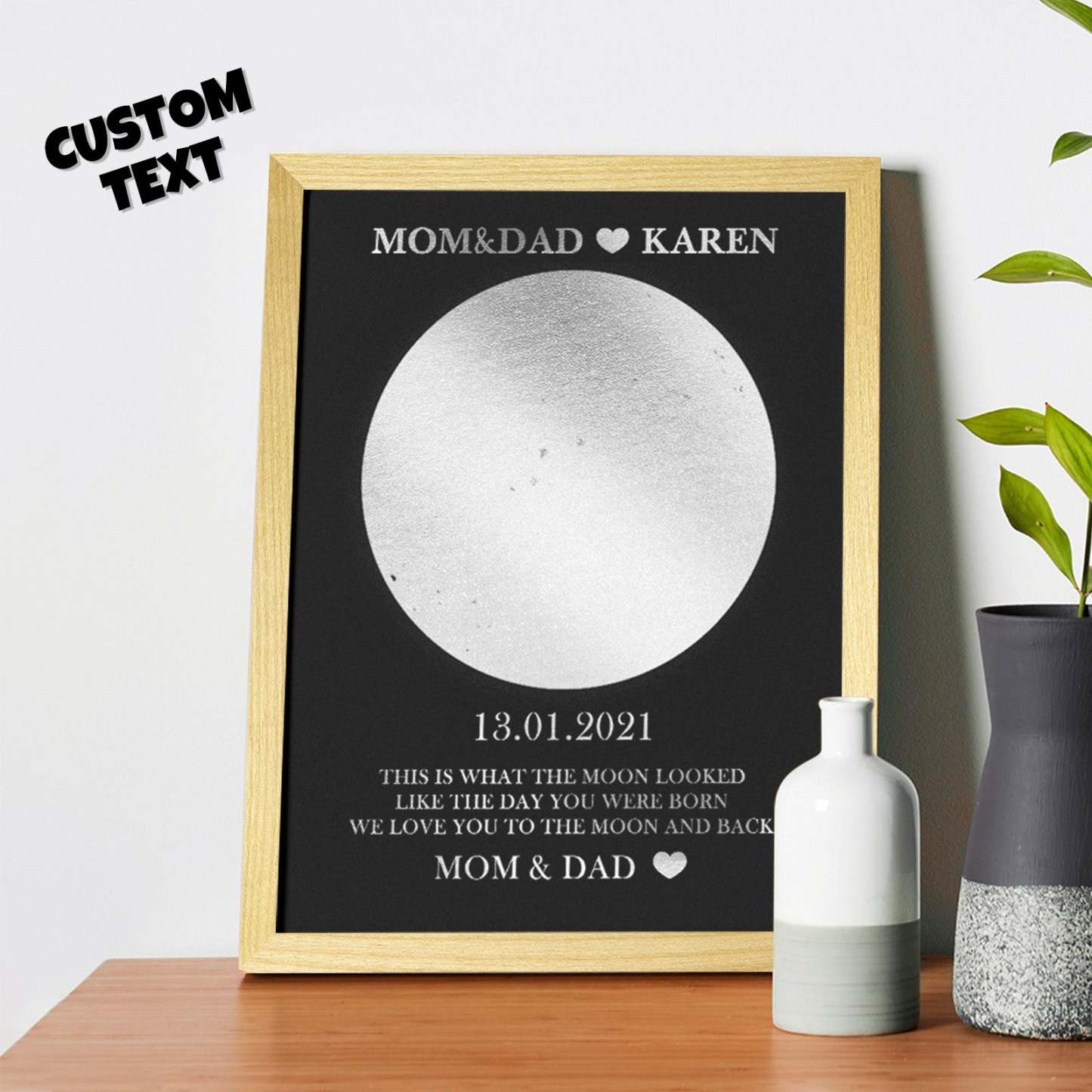 Custom Moon Phase Foil Print Wooden Frame Personalized Name and Text Family Gift - soufeelus